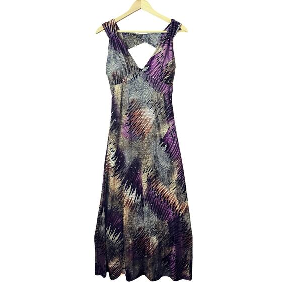 Y2K sleeveless babydoll maxi dress multi-color abstract print V-neckline Studded - Picture 2 of 14